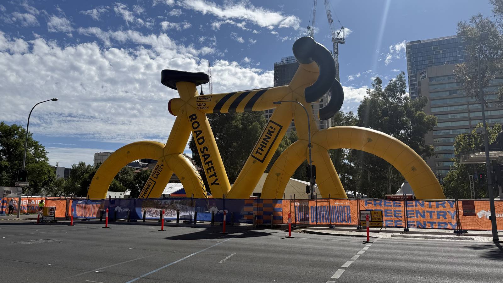 A giant yellow bicycle sculpture outside the Tour Down Under village in Victoria Square, Adelaide