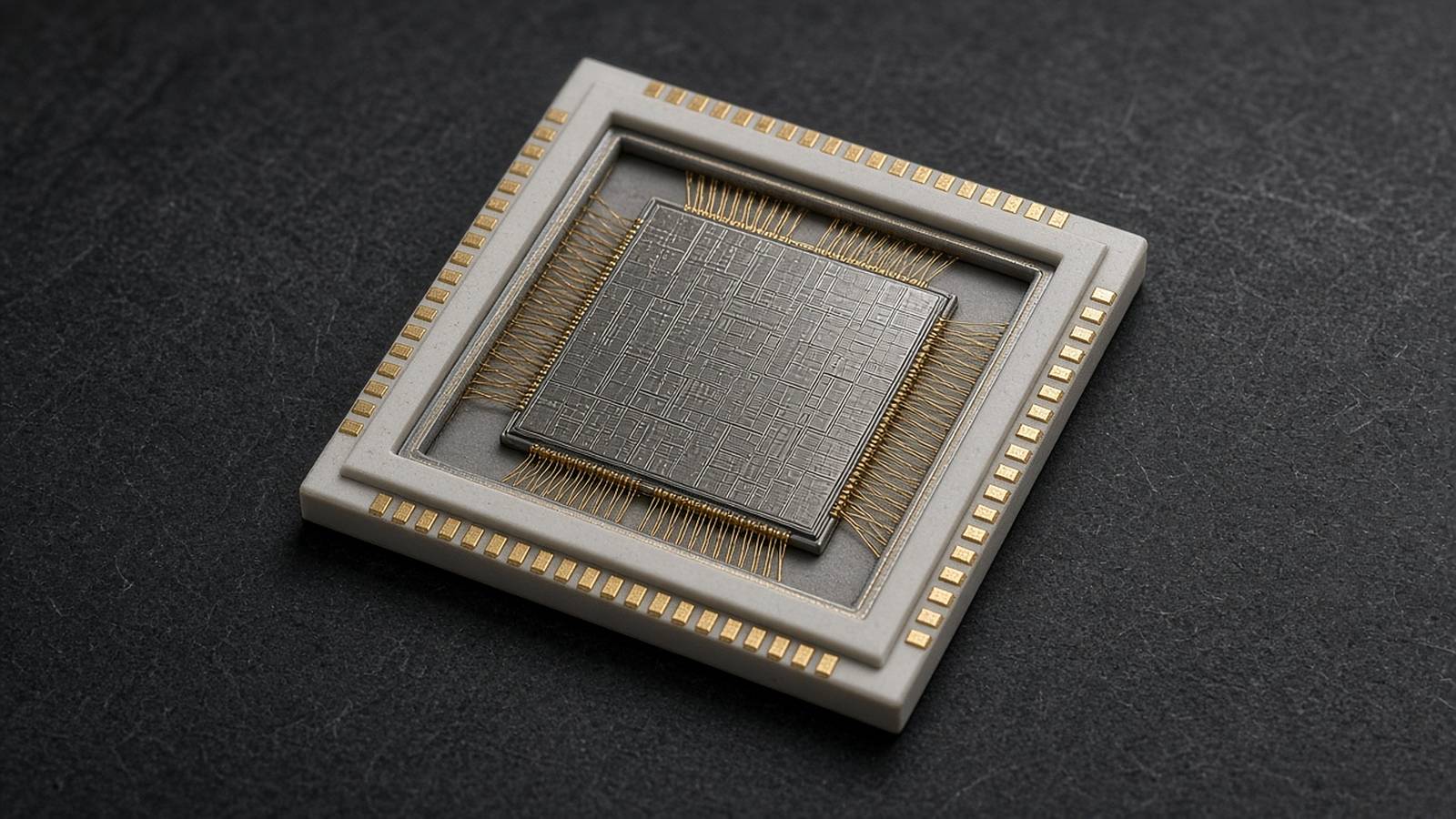 Illustration of a lidless silicon chip package with a bare die and dense gold bond wires on a dark bench mat