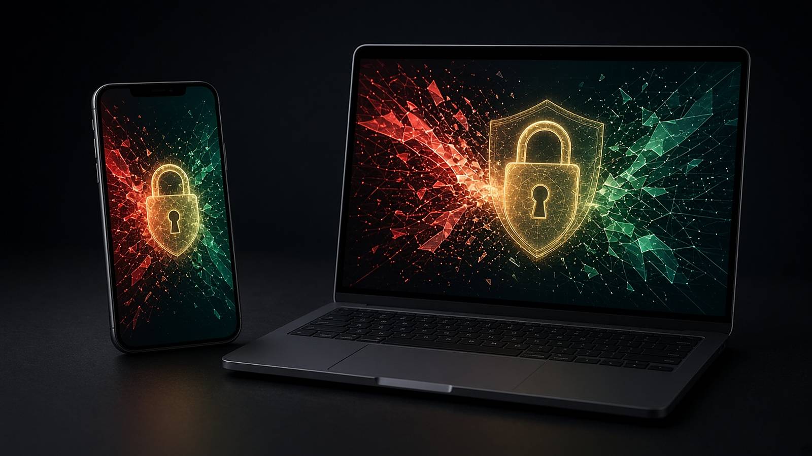 Illustration of a phone and laptop whose screens show shattered red and green fragments around a glowing golden padlock