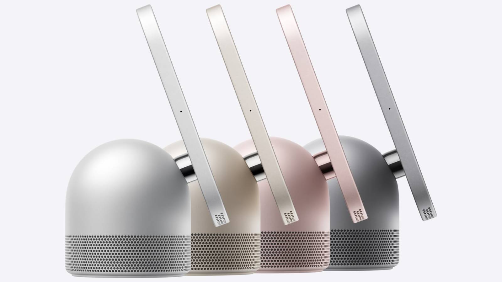 Four Apple HomeView tabletop displays in silver, gold, rose and grey shown side on