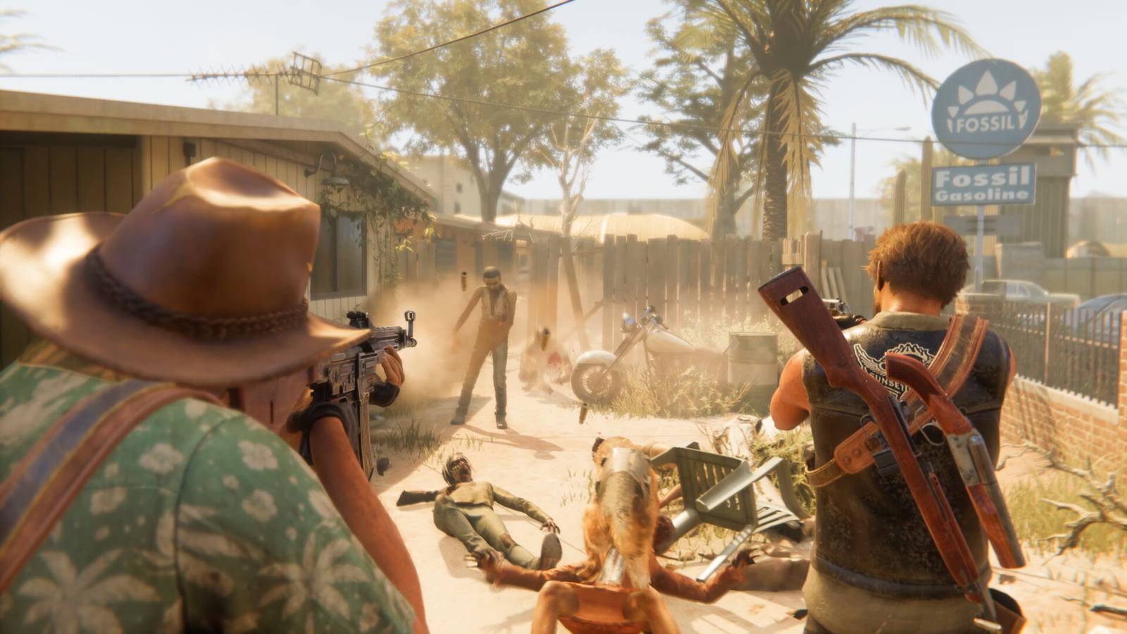 Two survivors with rifles and their dog Buddy face zombies on a sunny desert town street in Arizona Sunshine