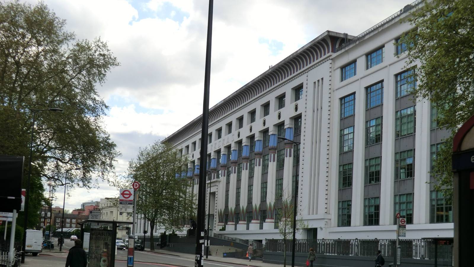 The white Art Deco facade of Greater London House on Hampstead Road in Camden, London