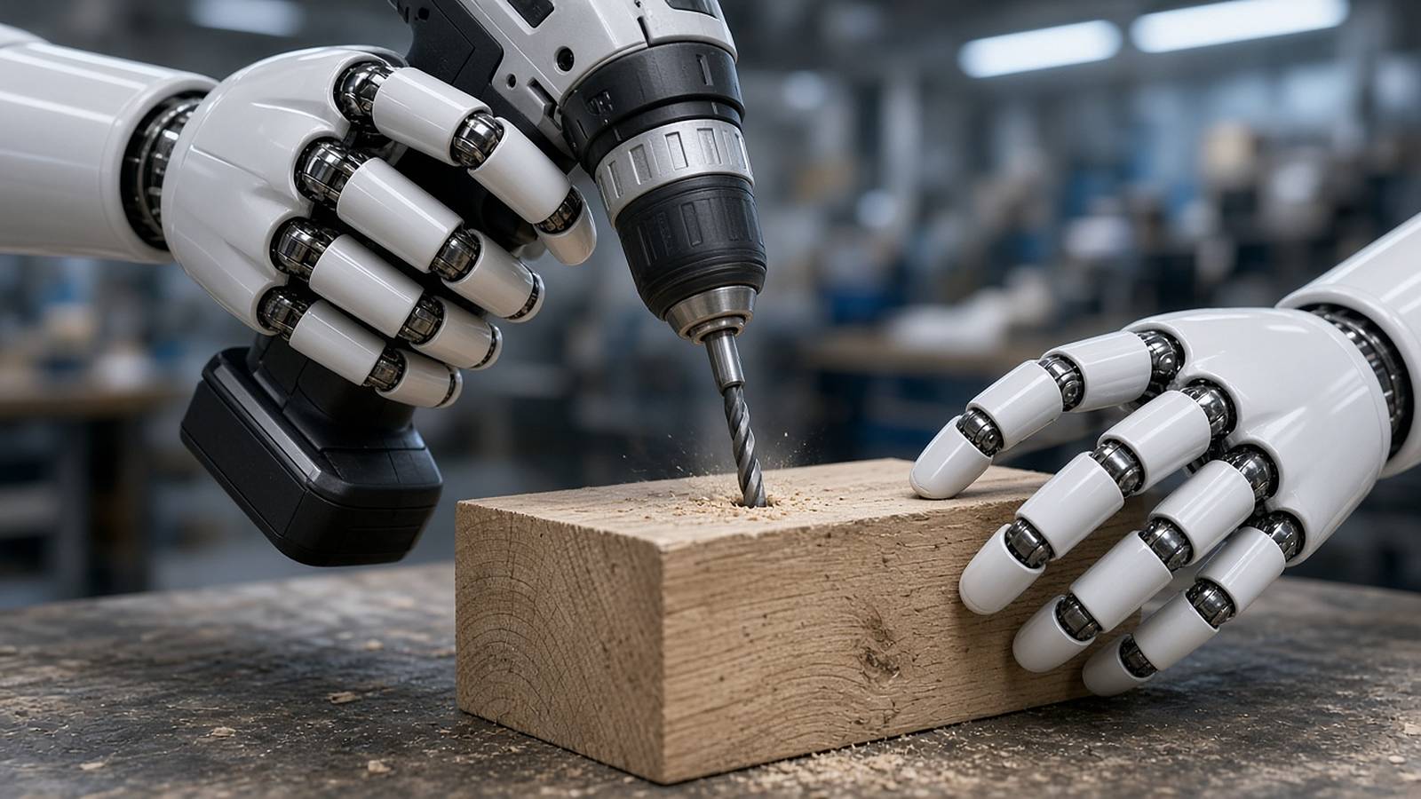 Illustration of white robotic hands drilling into a wood block with a cordless drill on a workshop bench