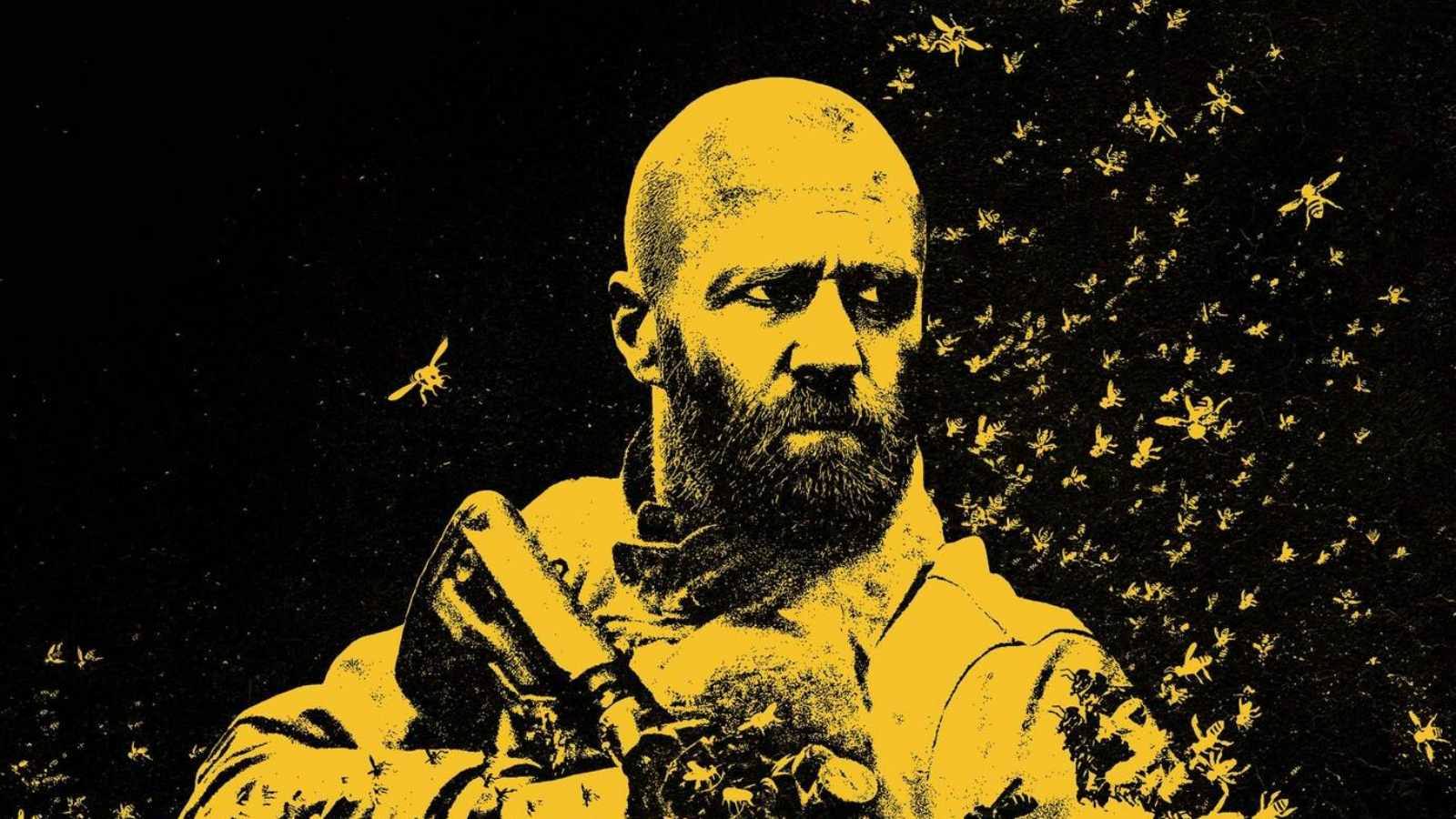Jason Statham as Adam Clay in The Beekeeper 2, printed in yellow on black and surrounded by a swarm of bees