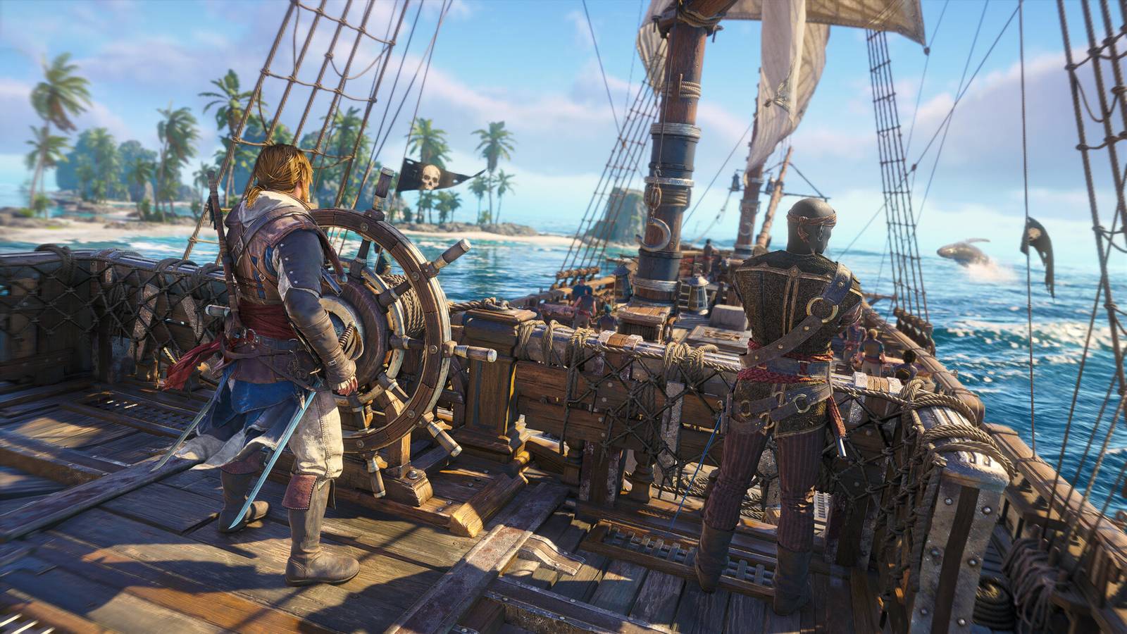 Edward Kenway at the ship's wheel beside a crewman, sailing past a palm lined island in Assassin's Creed Black Flag Resynced