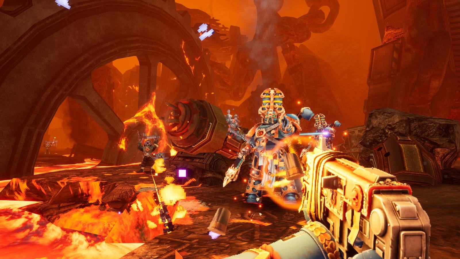 A Space Marine bolter fires at armoured Chaos warriors across a lava filled hellscape in Boltgun 2