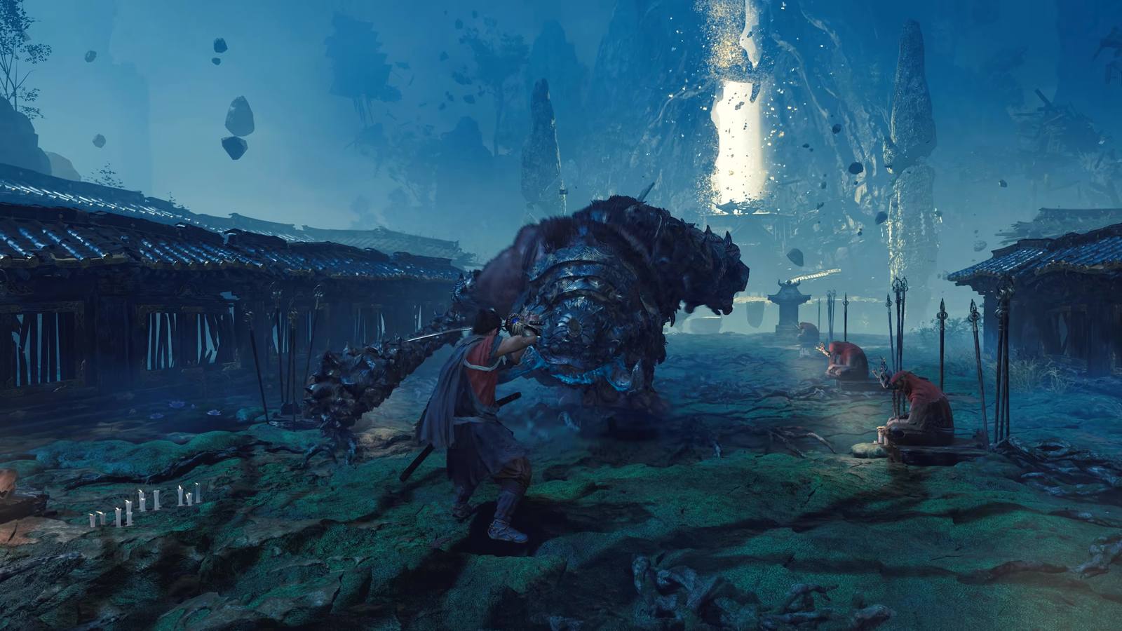 A swordsman in a red top swings at a huge armoured demon in a ruined, misty Japanese village, a still from Onimusha