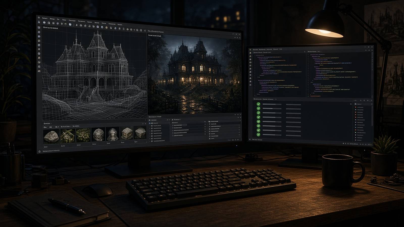 Illustration of a game engine editor showing a gothic mansion level beside a screen of code and passing test checks