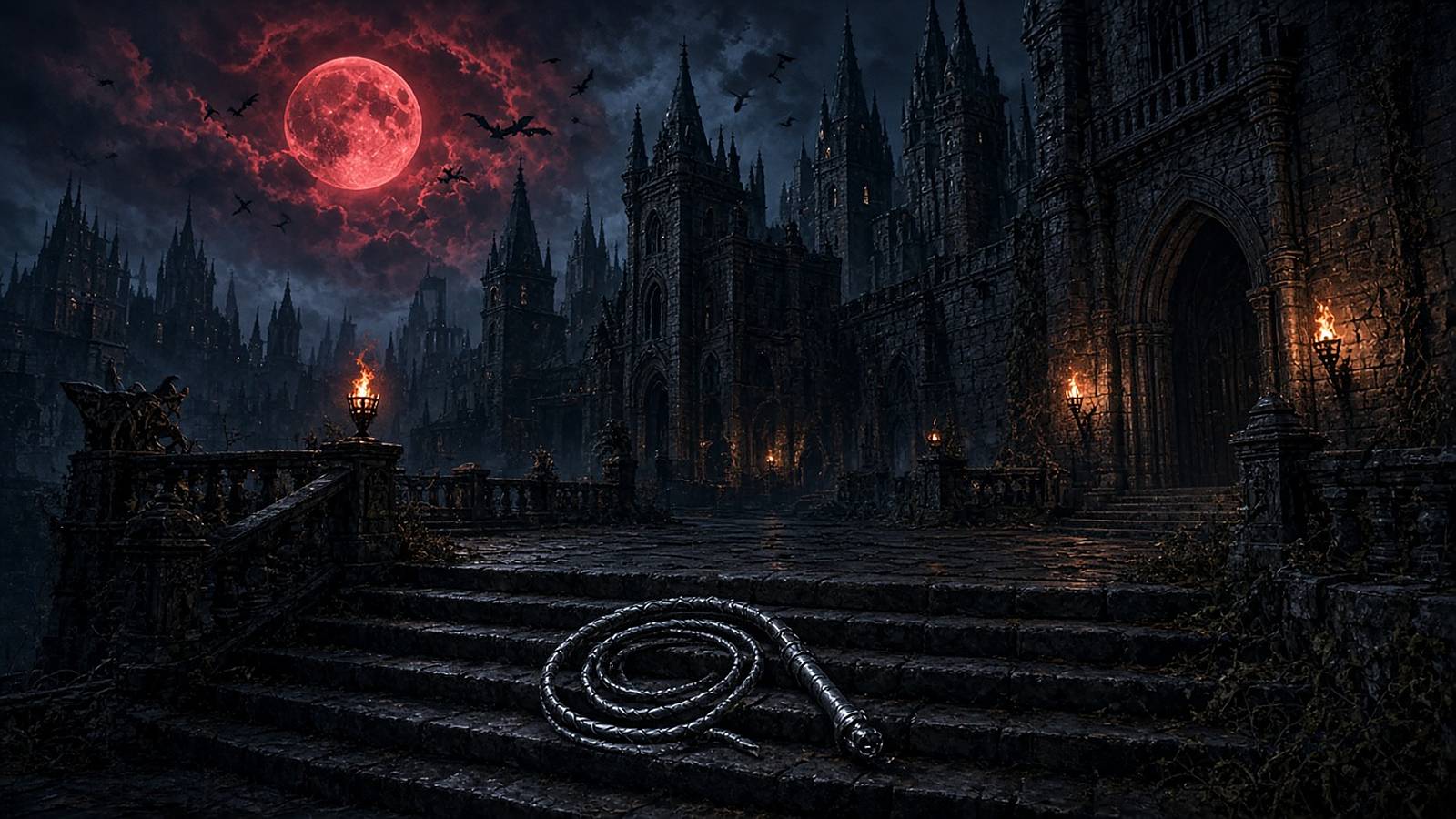 Illustration of a coiled silver whip on stone castle steps under a red moon and gothic towers at night