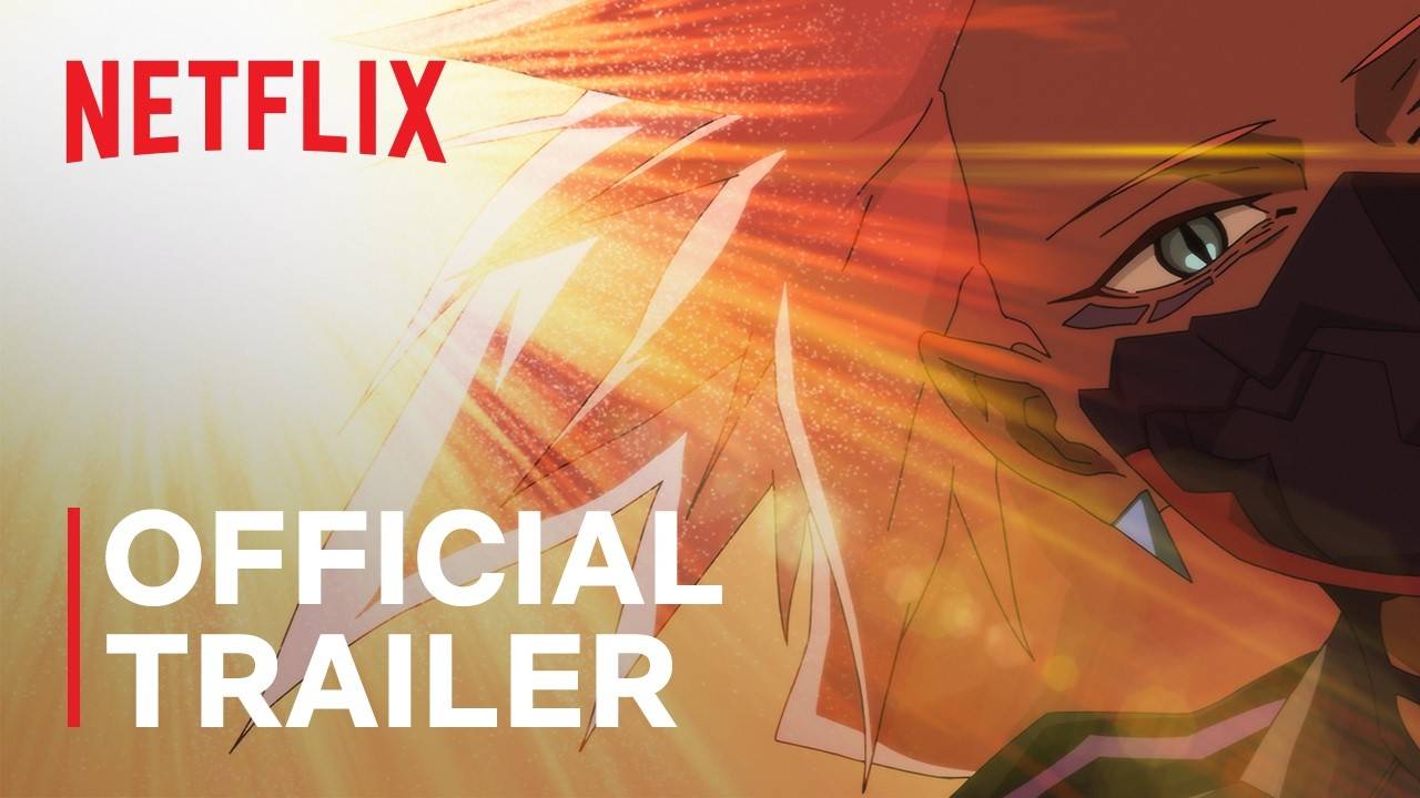 Animated close up of a masked character's eye under orange light with Netflix Official Trailer text
