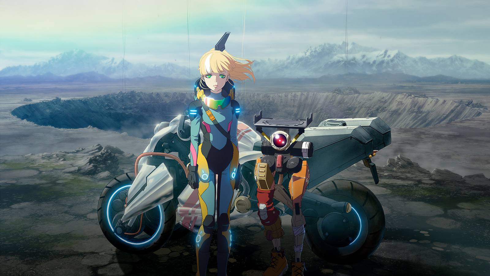 Key art for the anime series Death Stranding Isolations, a blonde girl and a robot beside a motorbike near a crater
