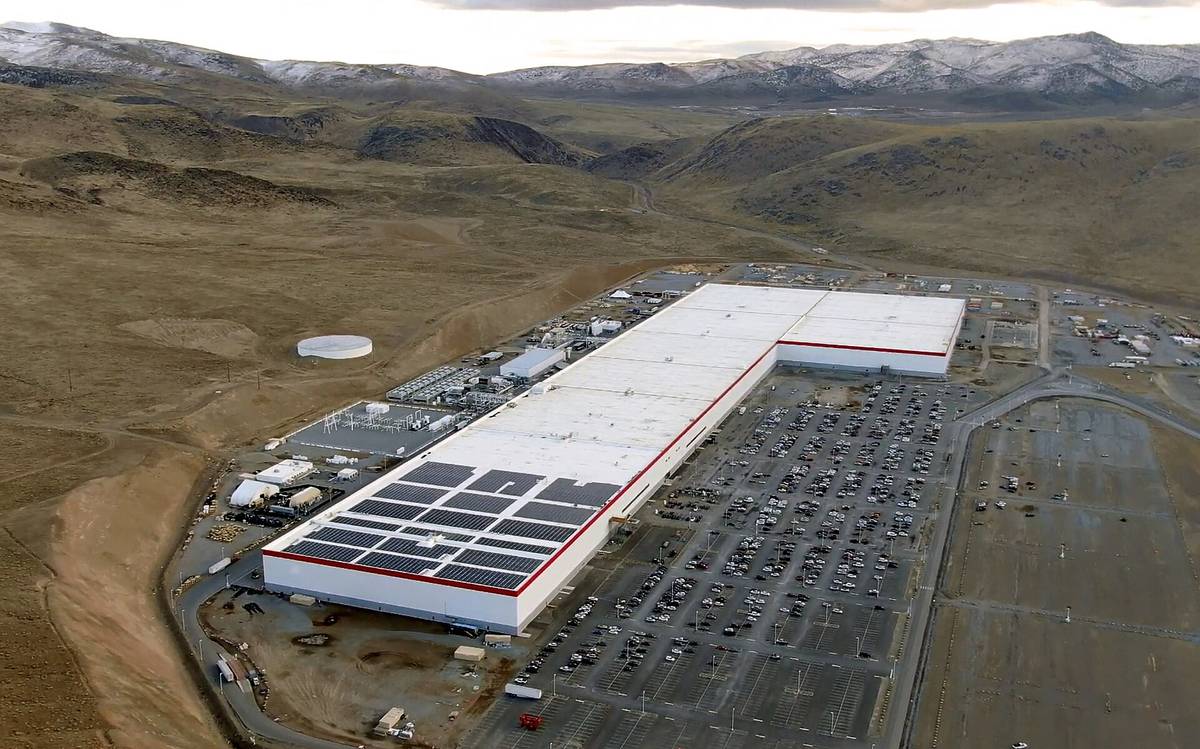 Aerial view of Tesla's Gigafactory Nevada in the desert hills