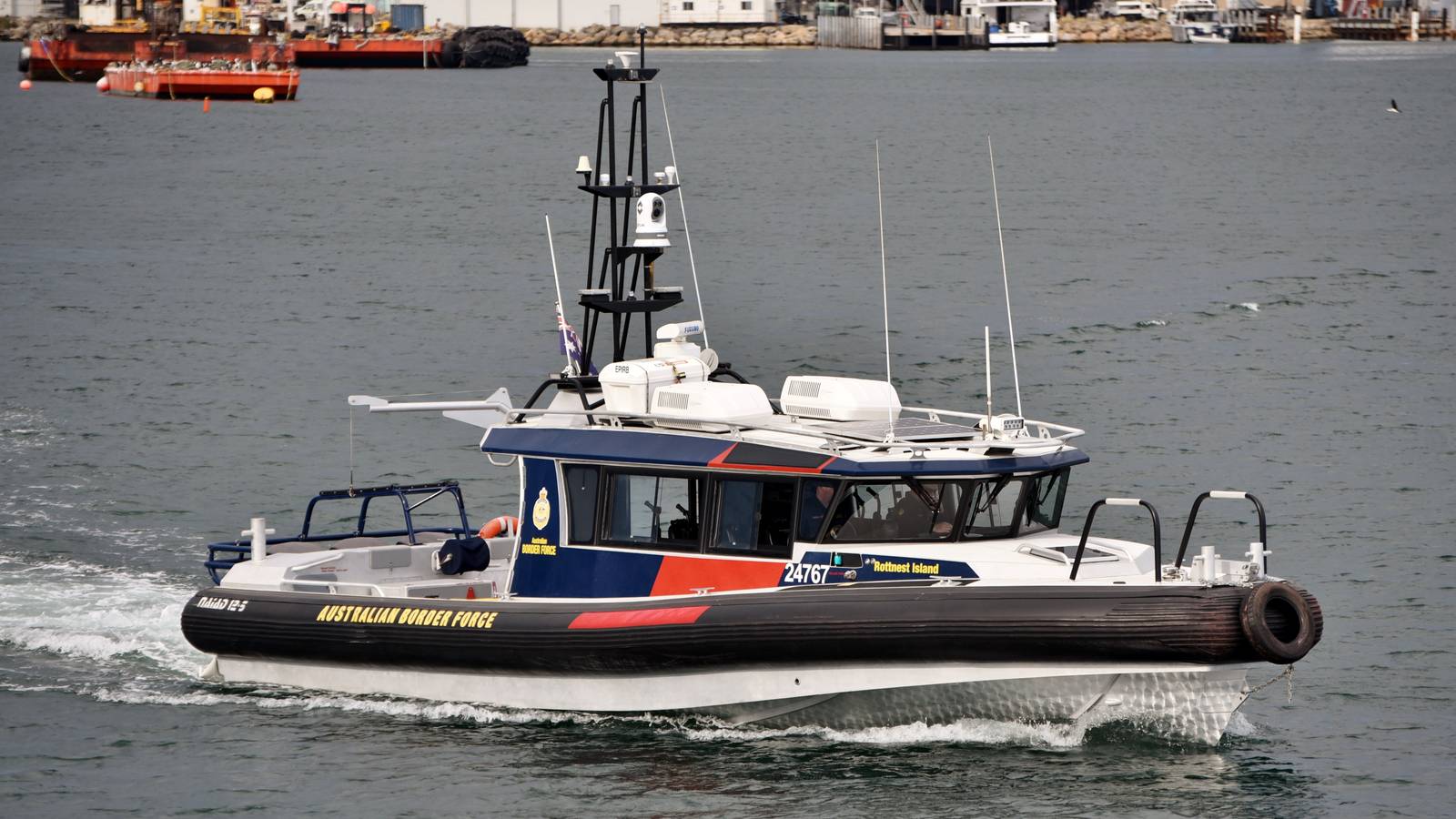 An Australian Border Force patrol boat named Rottnest Island under way in Fremantle Harbour
