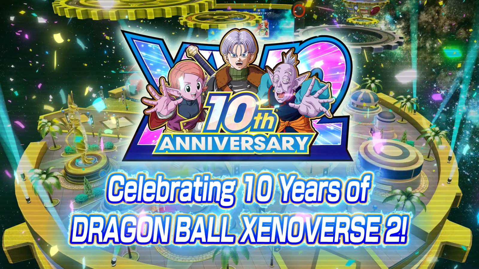 Dragon Ball Xenoverse 2 10th anniversary artwork with Trunks, Chronoa and the Elder Kai above a festive hub city