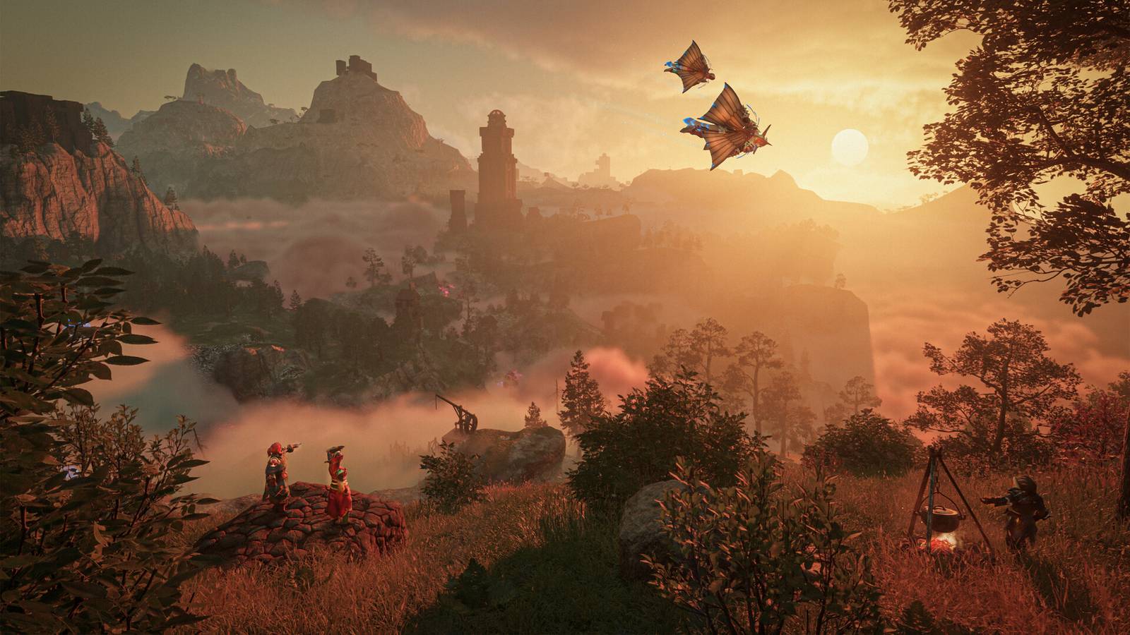 Players glide over a misty valley of ruins and rock spires at sunset in Enshrouded
