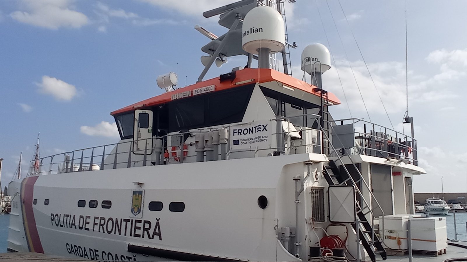 A Romanian border police patrol boat marked Frontex moored at the port of Crotone in southern Italy