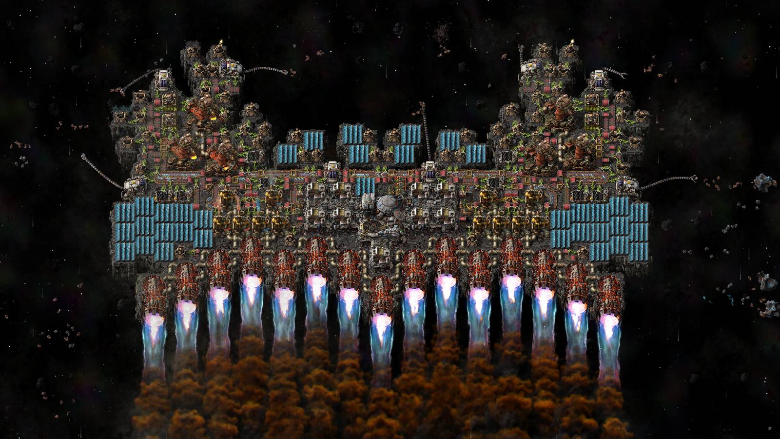 A Factorio space platform with rows of glowing thrusters firing as it travels through space