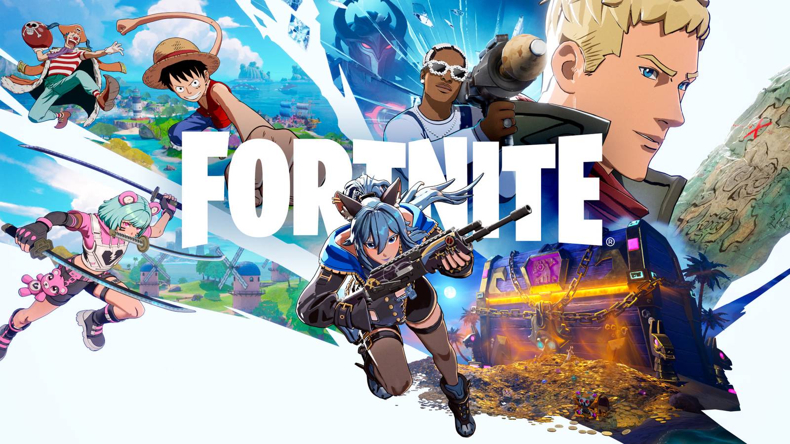 Fortnite Treasure Hunters key art showing One Piece's Luffy with Fortnite characters around the Fortnite logo