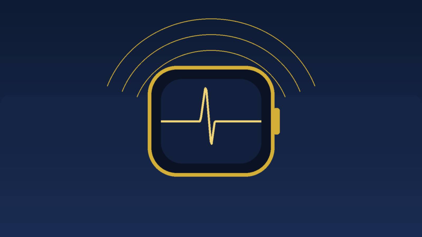 Illustration of a slim fitness tracker with a heart rate line on its screen, in gold on navy