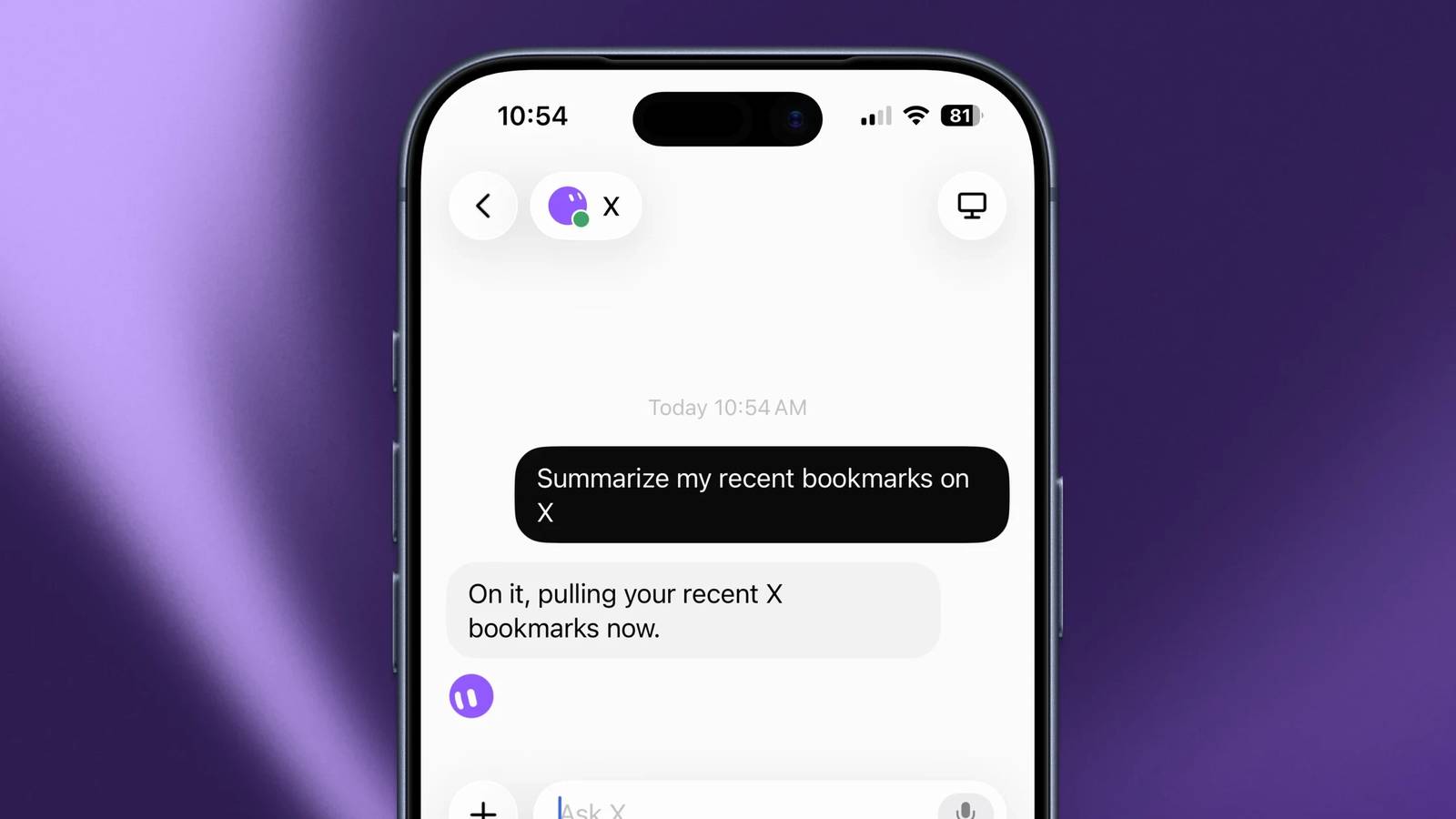 A phone showing the Grok Bot app, with a chat asking it to summarise recent bookmarks on X