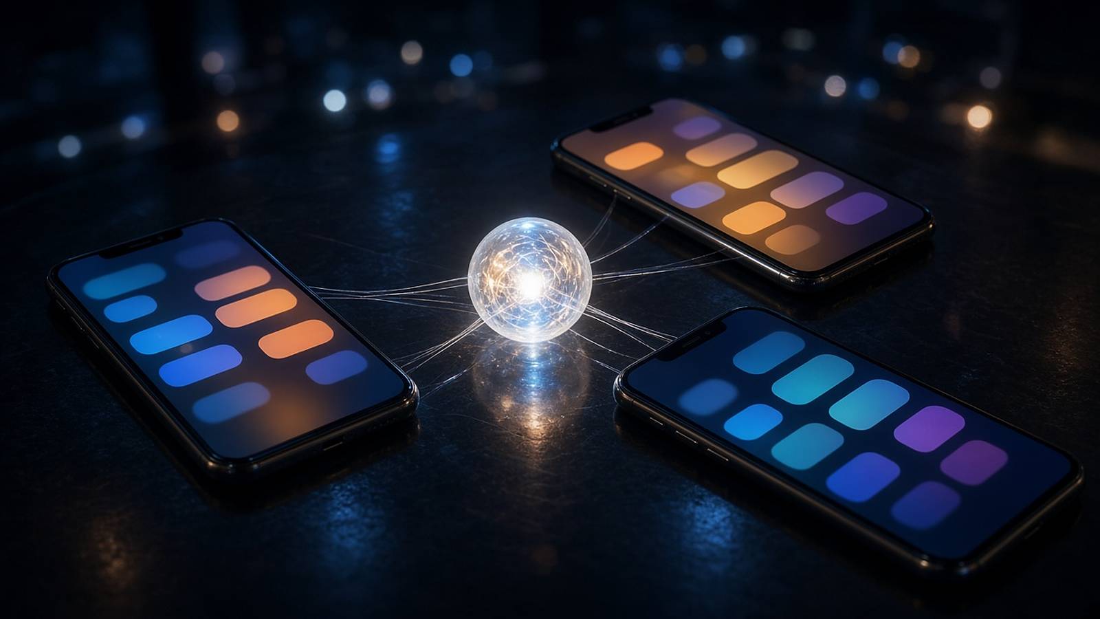 Three smartphones with colourful chat bubbles on a dark table, linked by threads of light to a glowing orb between them