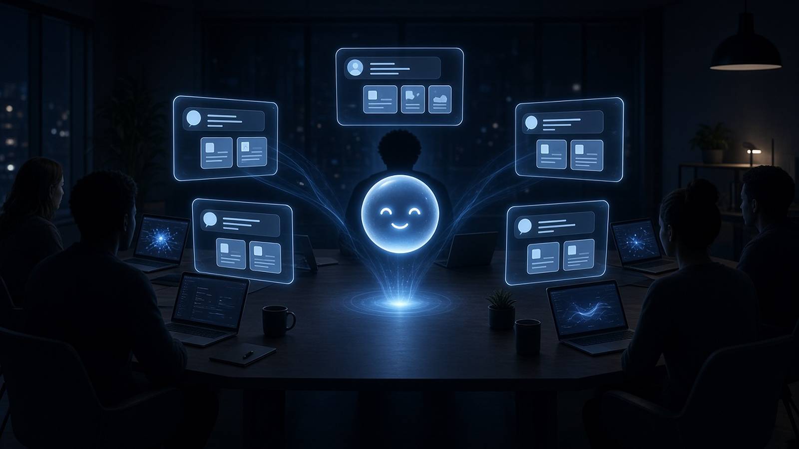 Illustration of a smiling glowing orb above a dark team table, with floating chat panels and people working at laptops