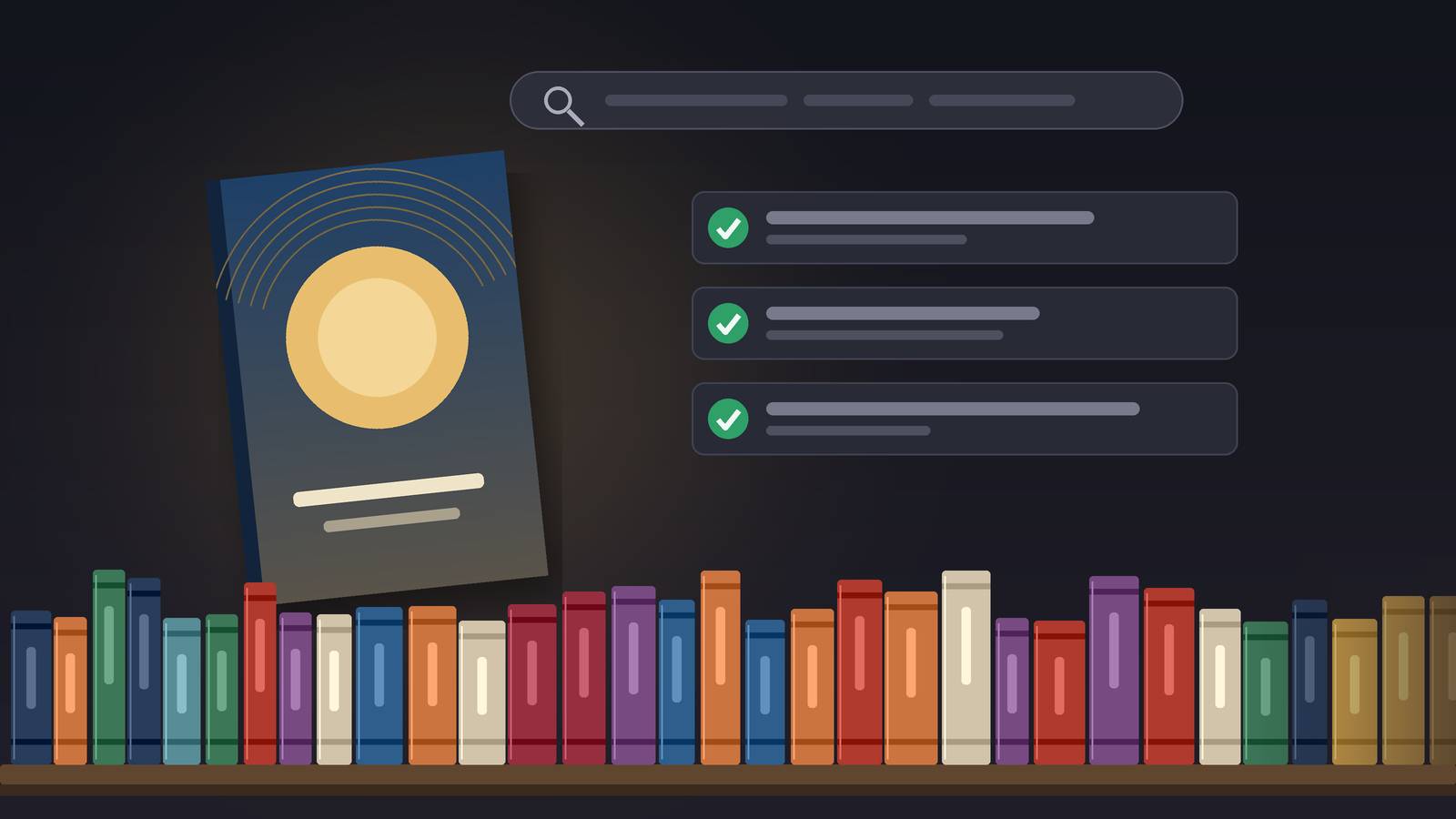 Illustration of a search bar, a featured book cover, approved edit cards with green ticks and a shelf of book spines