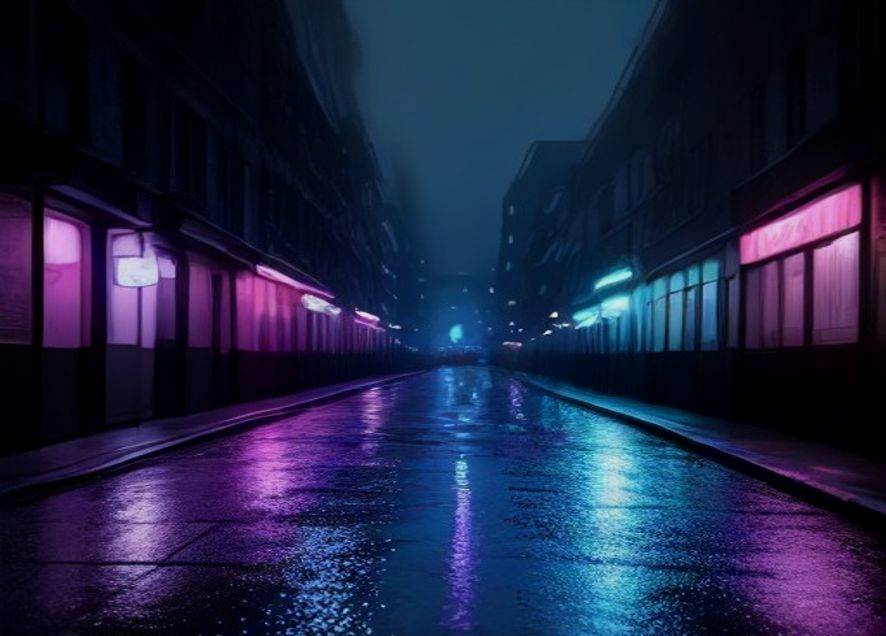 Neon light reflected on a wet, empty pavement at night