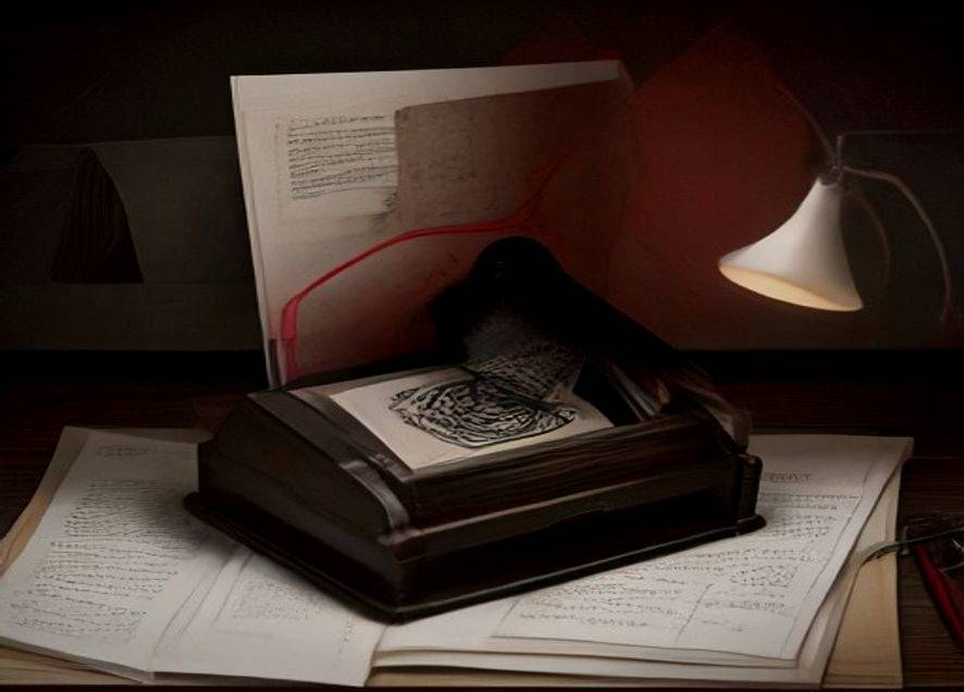 An open red folder of papers on a desk under a lamp, with a black dove beside it
