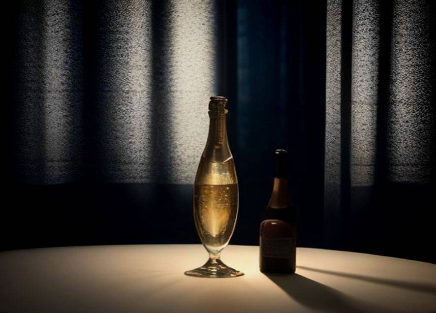 Champagne bottles under a spotlight in front of dark curtains