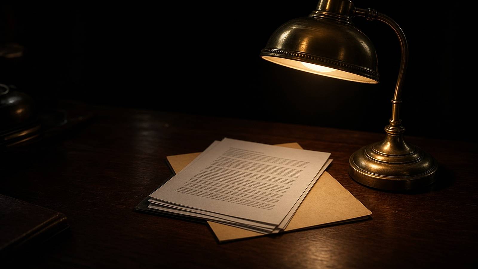 A brass desk lamp lighting typed papers on a dark wooden desk