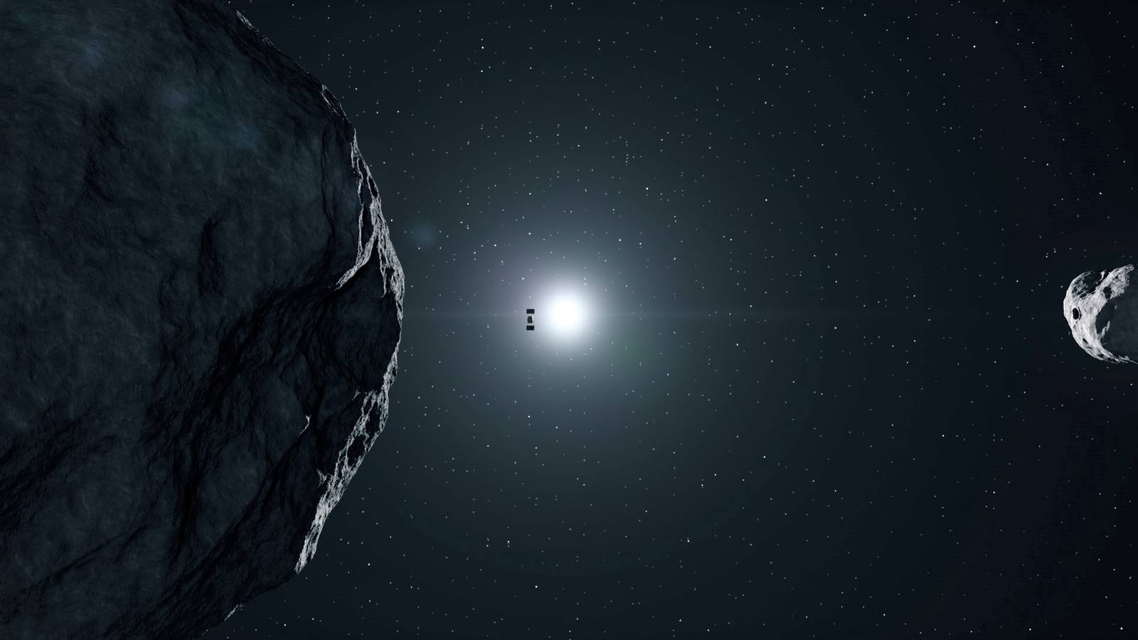 Artist's impression of the Hera spacecraft between the asteroid Didymos and its small moon Dimorphos, with the Sun behind