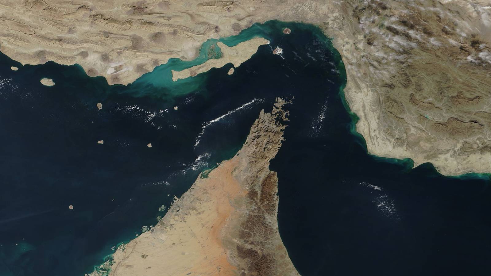 Satellite view of the Strait of Hormuz with the Musandam Peninsula of Oman reaching north towards Iran