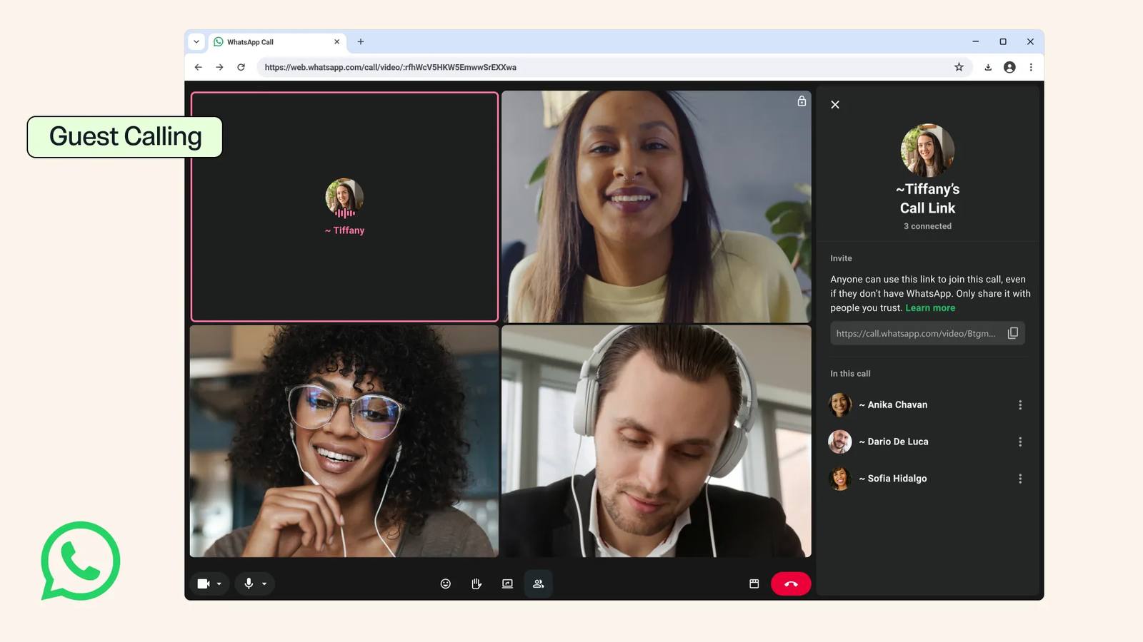 A WhatsApp group video call open in a computer browser, with video tiles and a call link panel beside them