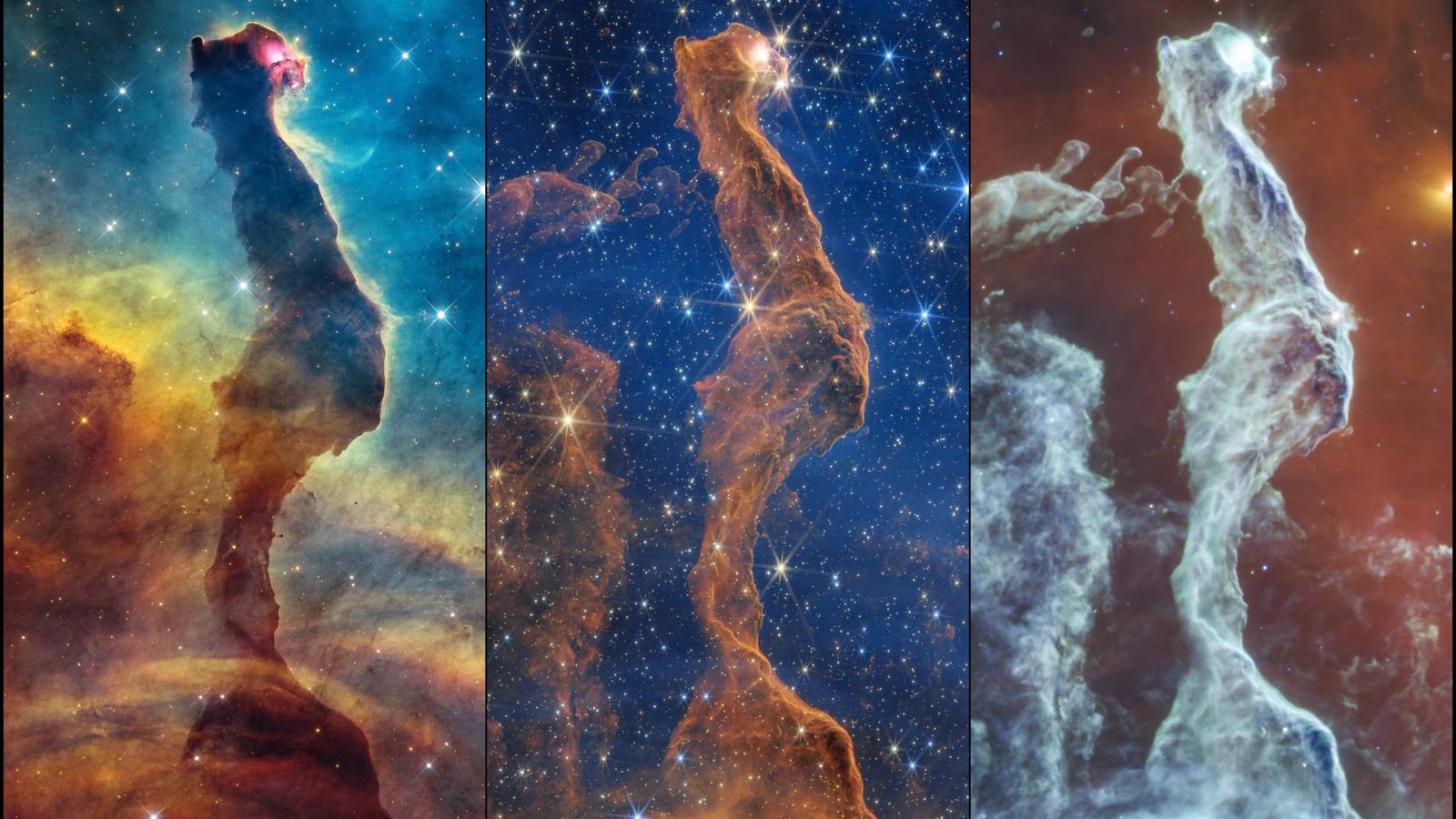 Three views of the Cat’s Head Nebula side by side, from Hubble in visible light and Webb in near and mid infrared