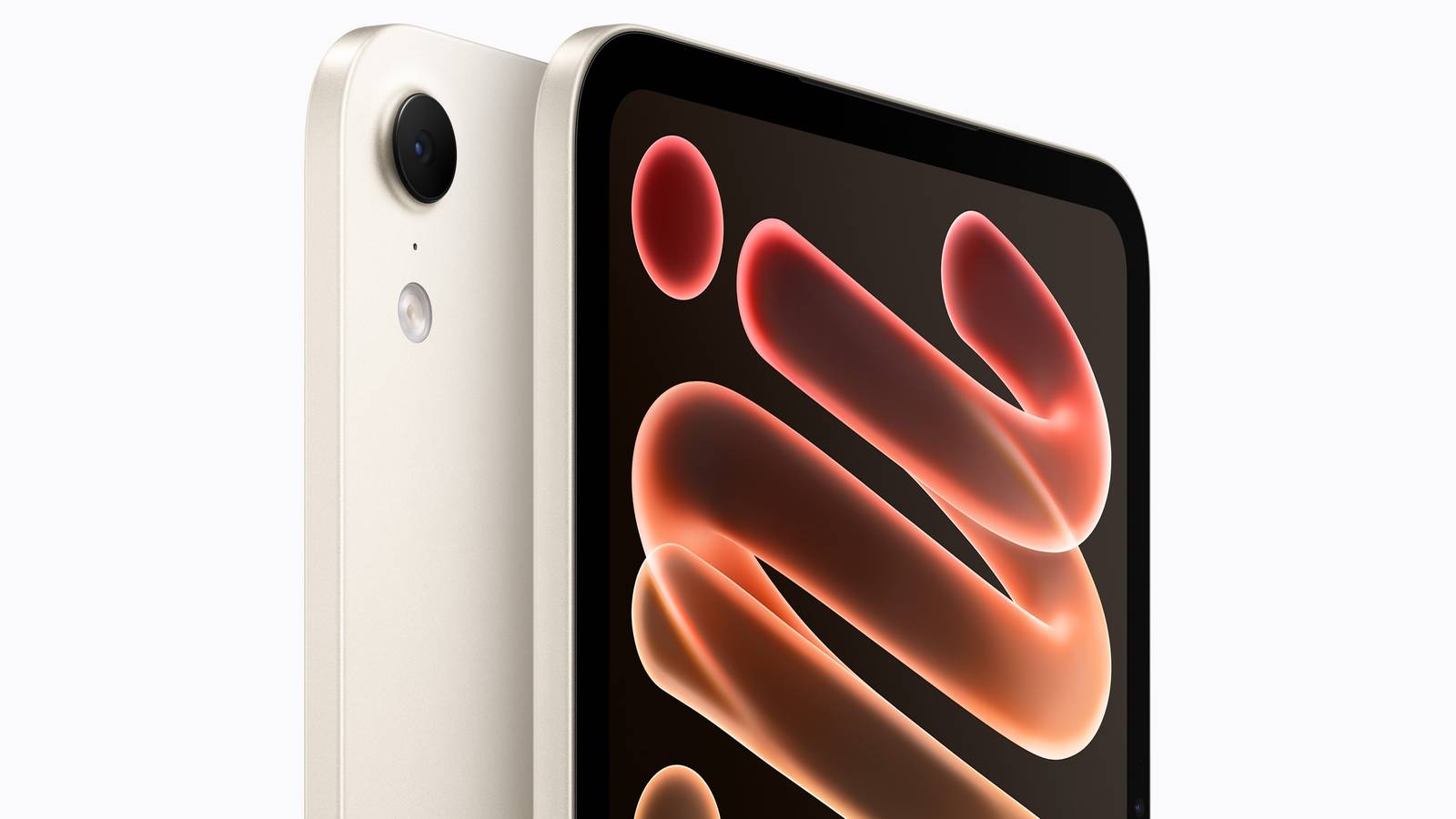 The new iPad mini in starlight, front and back, with its OLED display showing a glowing orange wallpaper