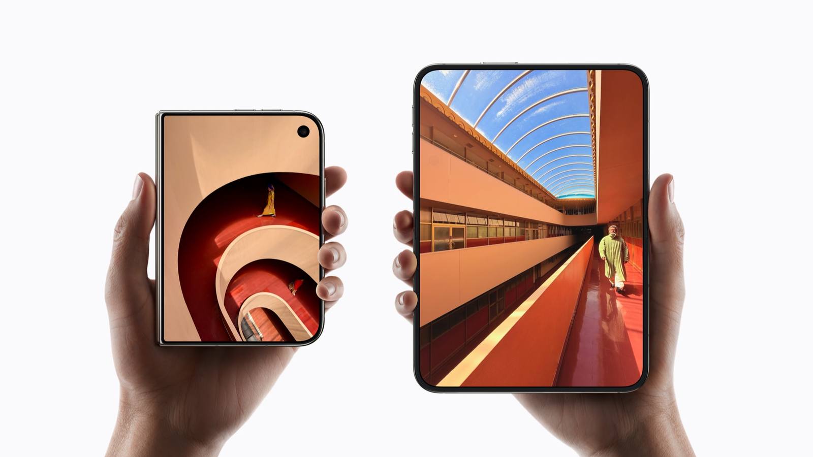 Apple's iPhone Duo foldable shown closed in one hand and open in the other, both screens showing a red curved building