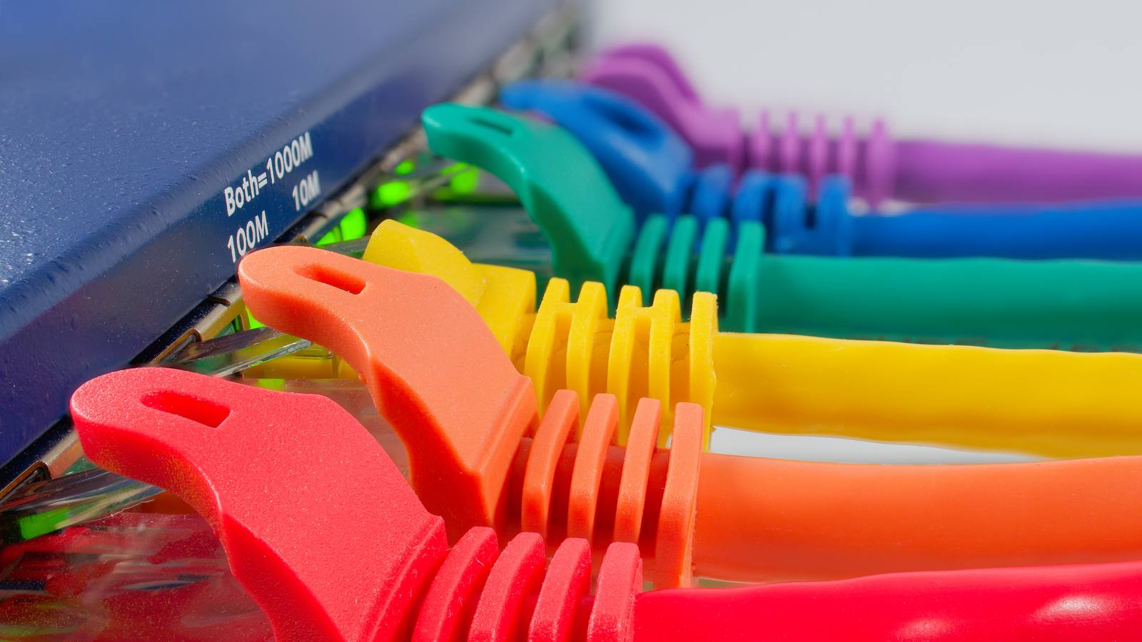 Colourful Ethernet patch cables plugged into the ports of a network switch with green link lights