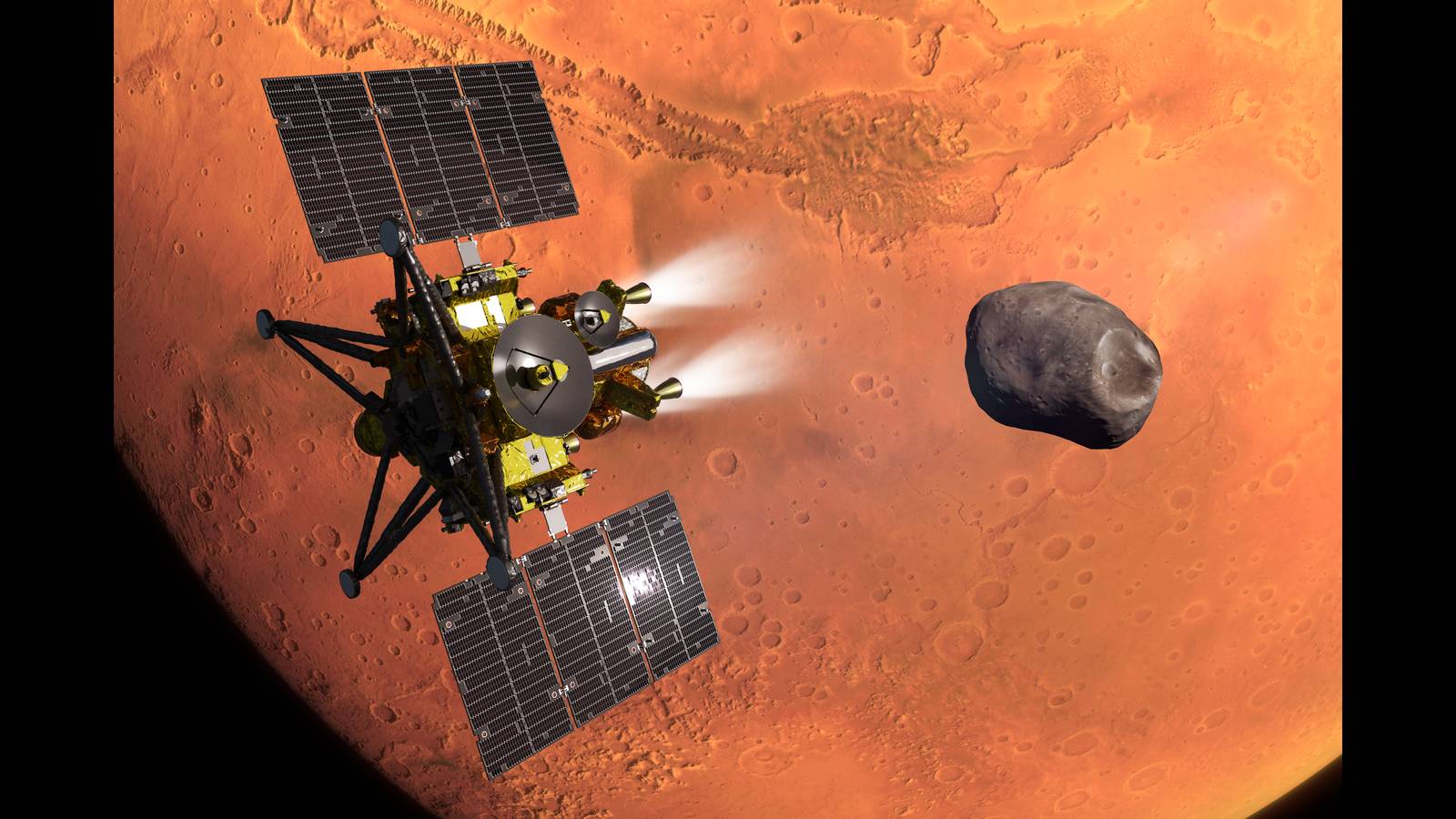 Artist's concept of JAXA's MMX spacecraft during Mars orbit insertion, with the moon Phobos and Mars behind