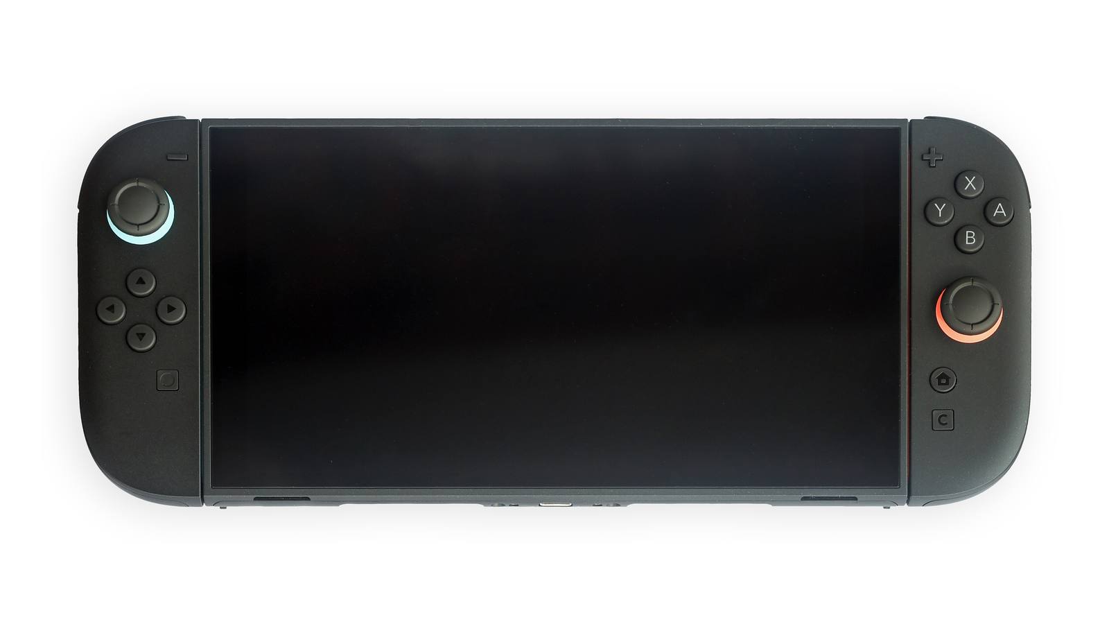 A Nintendo Switch 2 in handheld mode with its screen off and dark Joy-Con controllers on each side, on a white background
