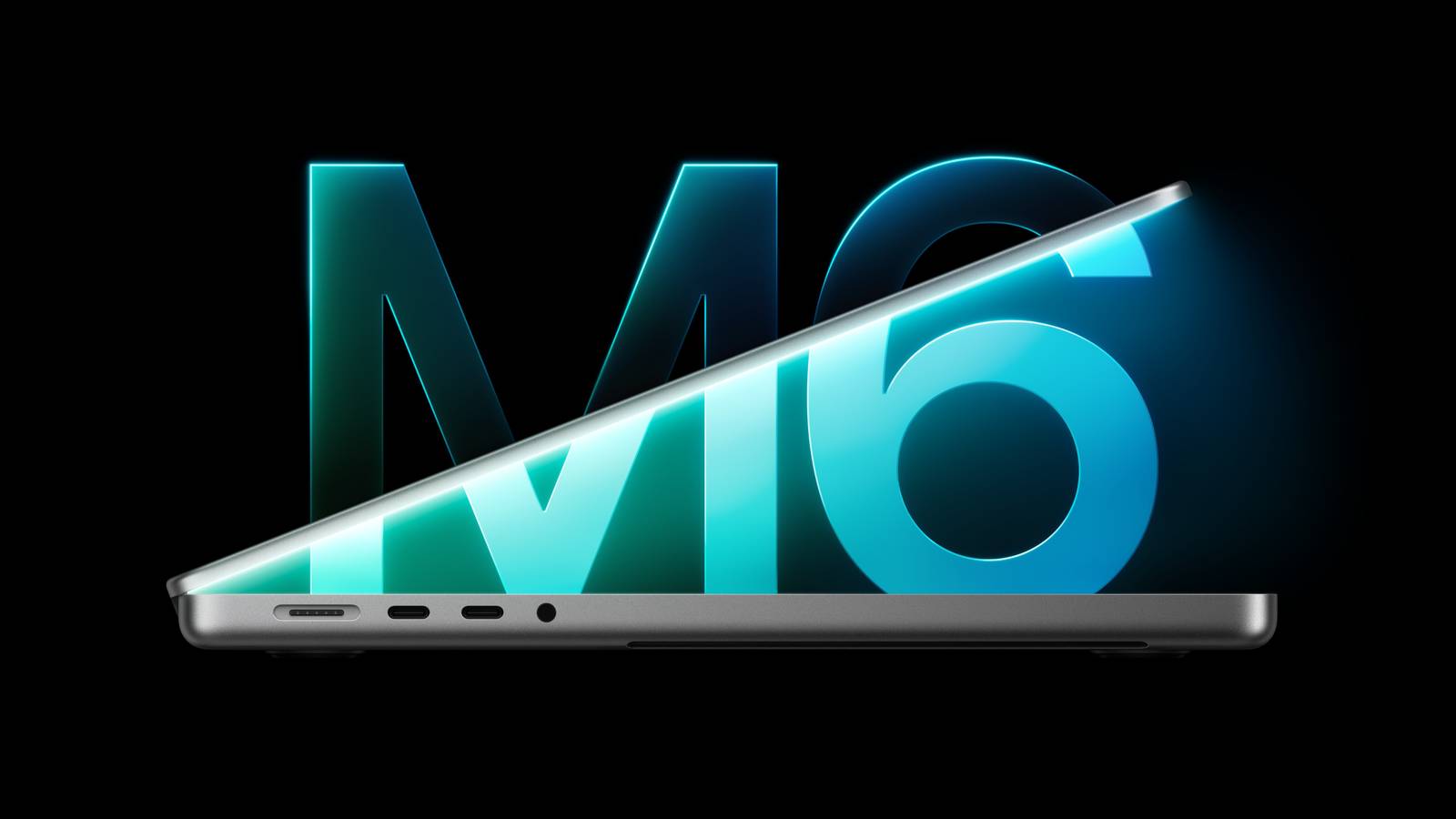 The new 14 inch MacBook Pro with M6, shown side on in front of large glowing M6 lettering