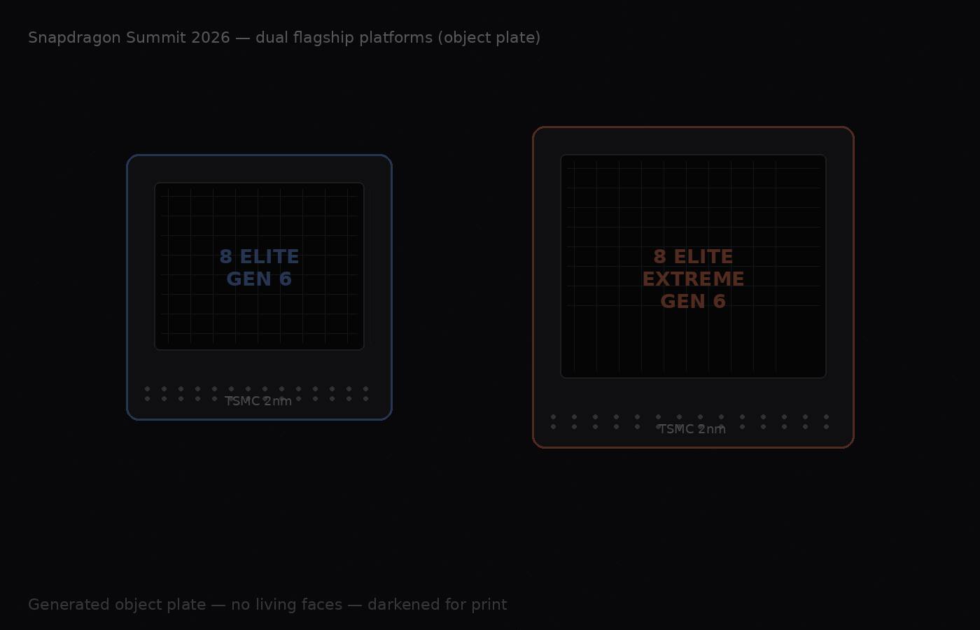 Illustration of two Snapdragon chip packages, Elite Gen 6 and Extreme Gen 6