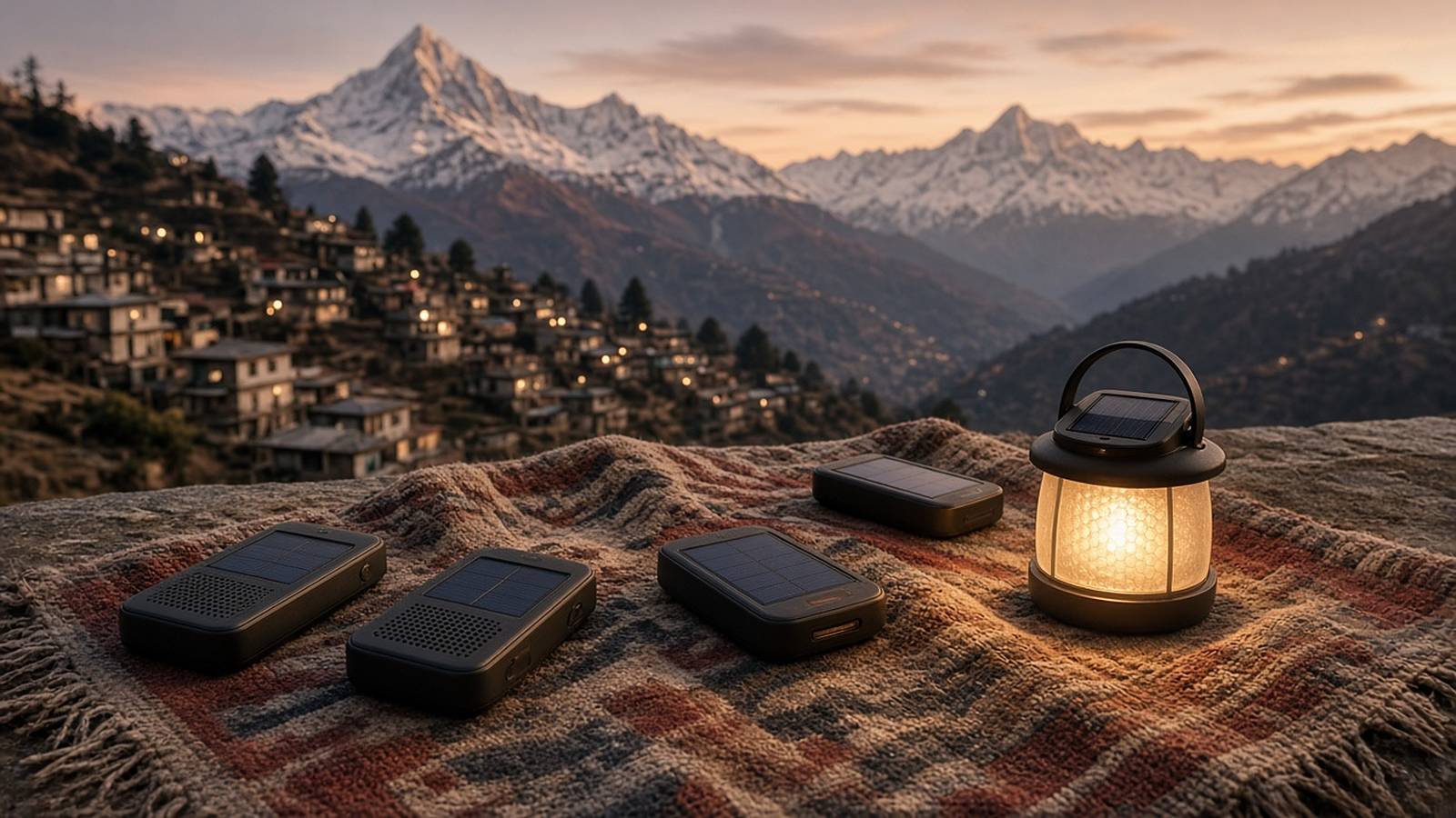 Illustration of solar audio players and a glowing solar lantern on a woven blanket above a Himalayan village at dusk