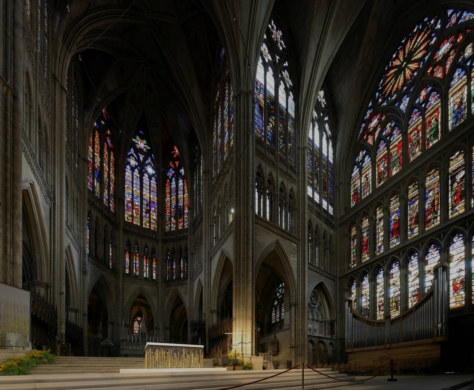 Nave and stained glass inside Metz Cathedral