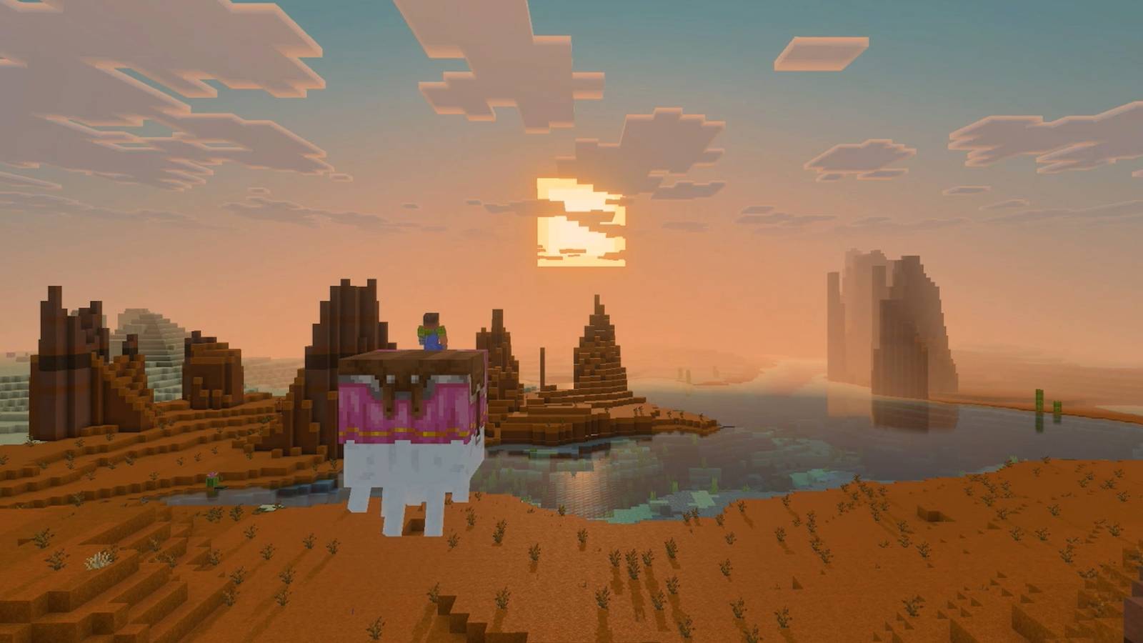 A Minecraft player rides a mob across a badlands lake at sunset on Nintendo Switch 2