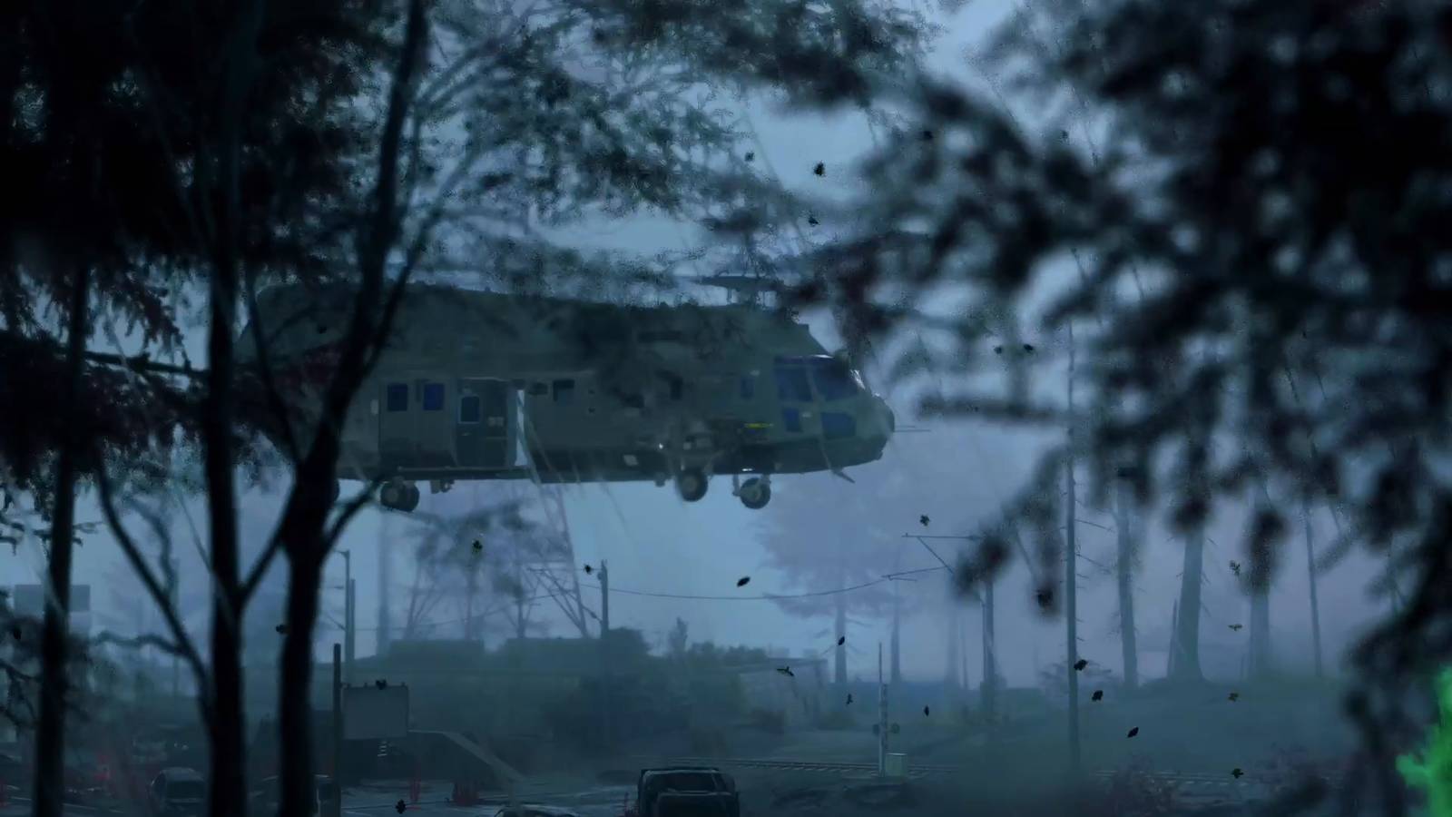 A military helicopter hovers over a misty forest in a frame from the Call of Duty Modern Warfare 4 DMZ trailer