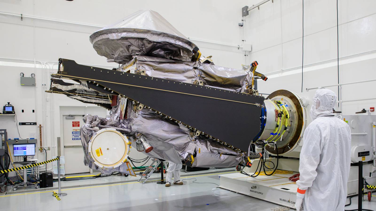 NASA's Lucy spacecraft on a rotation stand before launch