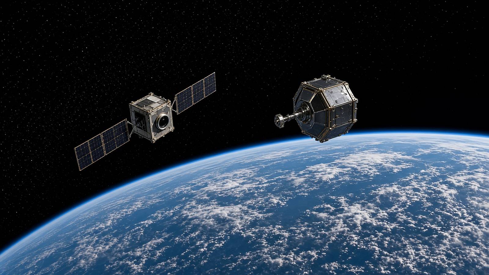 Illustration of a small CubeSat and an angular inspection spacecraft drifting apart above Earth after release