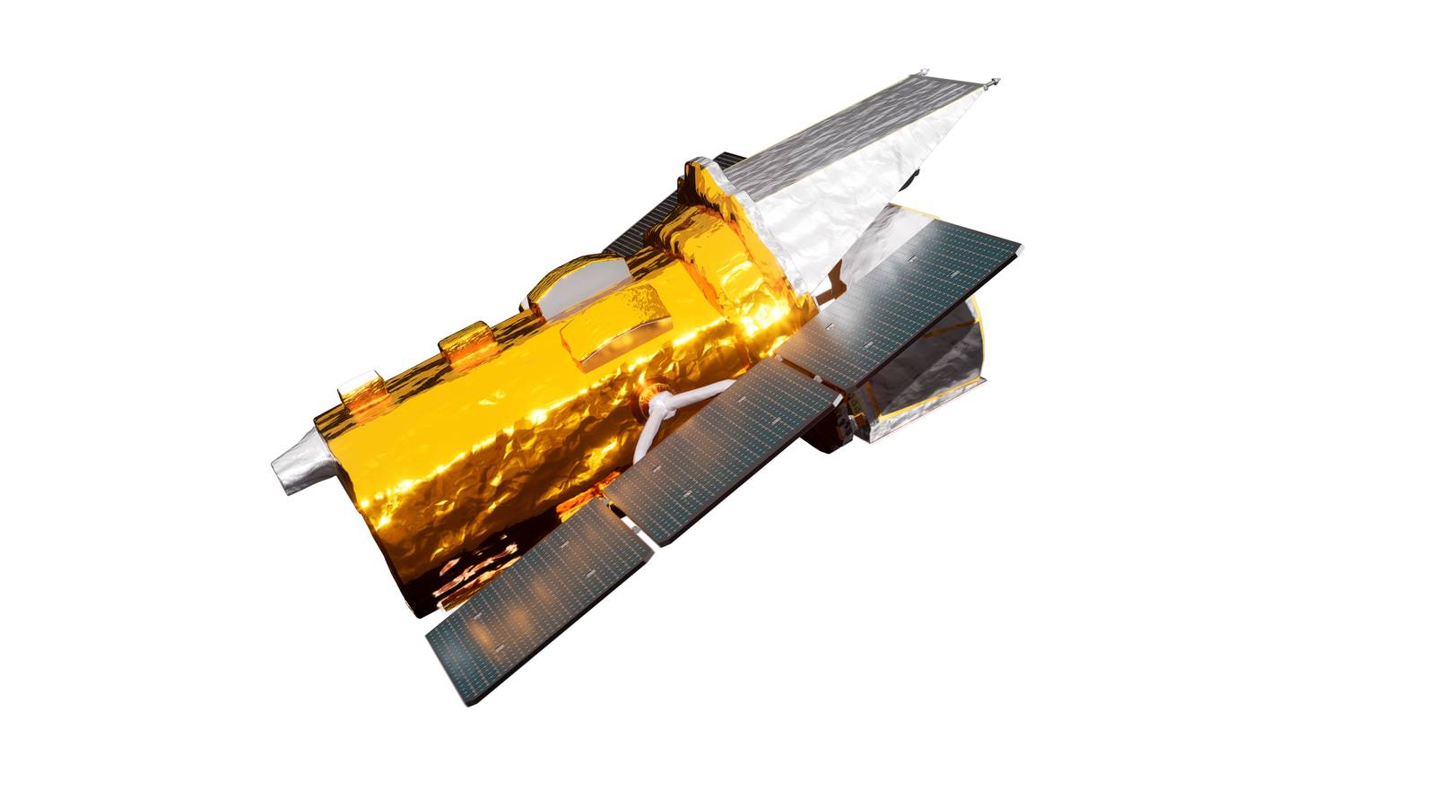 Artist's concept of NASA's Swift observatory, a gold foil wrapped spacecraft with solar panels