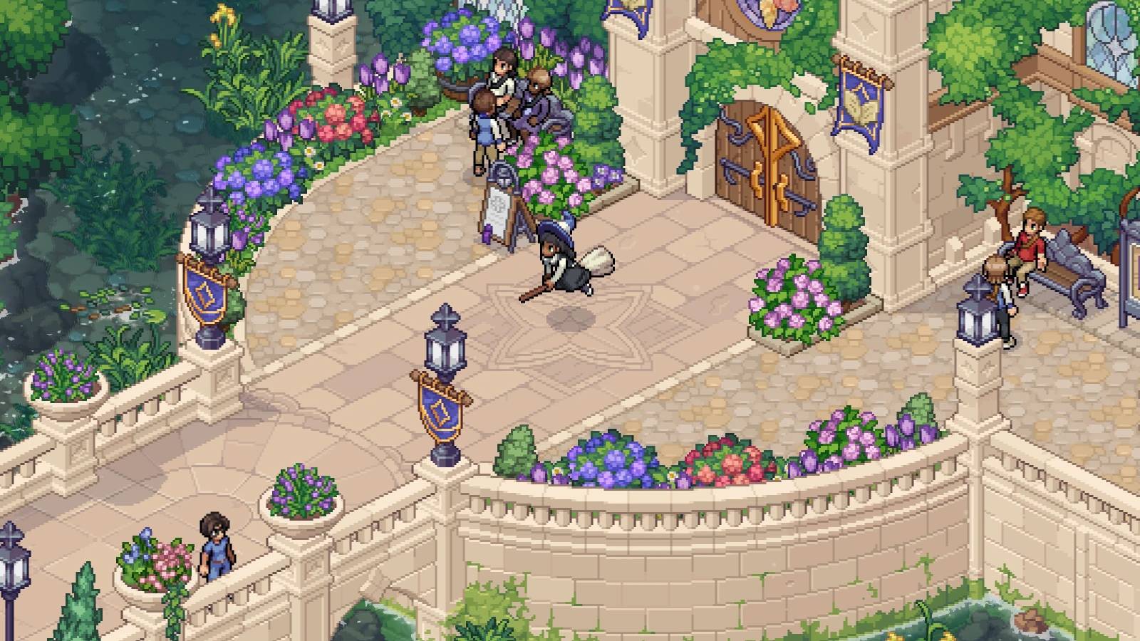 A young witch rides a broom across a college courtyard in Witchbrook